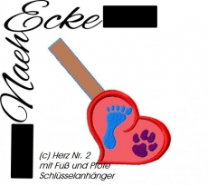 Stickdatei Herz mit Fuß und Pfote Nr. 2 Schlüsselanhänger 13x18 <br />